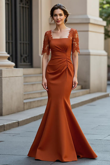 Satin Mermaid Square Neck Rust Long Mother of the Bride Dress with Lace Appliques